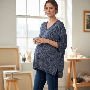 Gap Maternity Sweater M Medium Blue Striped V-Neck Knit Pullover Short Sleeve To